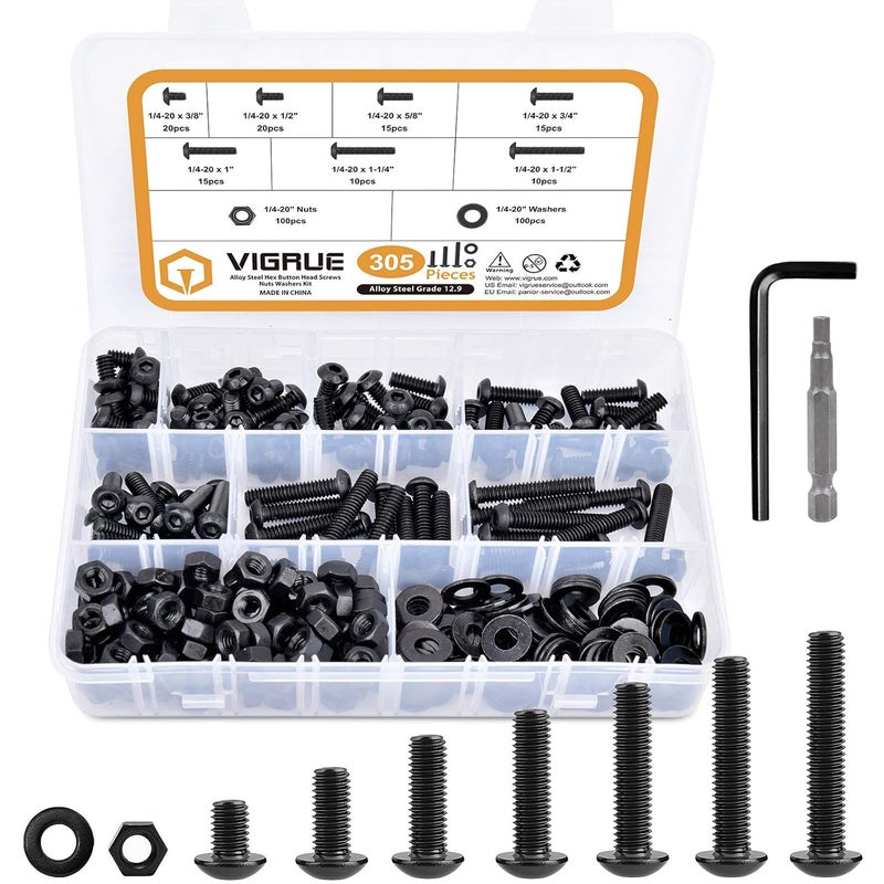 VIGRUE 305Pcs 1/4-20 Bolt and Nut Assortment Kit, 1/4-20 Black Button Head Socket Cap Screw Nuts Washers Kit, Assorted Allen Head Screws, Class 12.9 Alloy Steel - Image 1